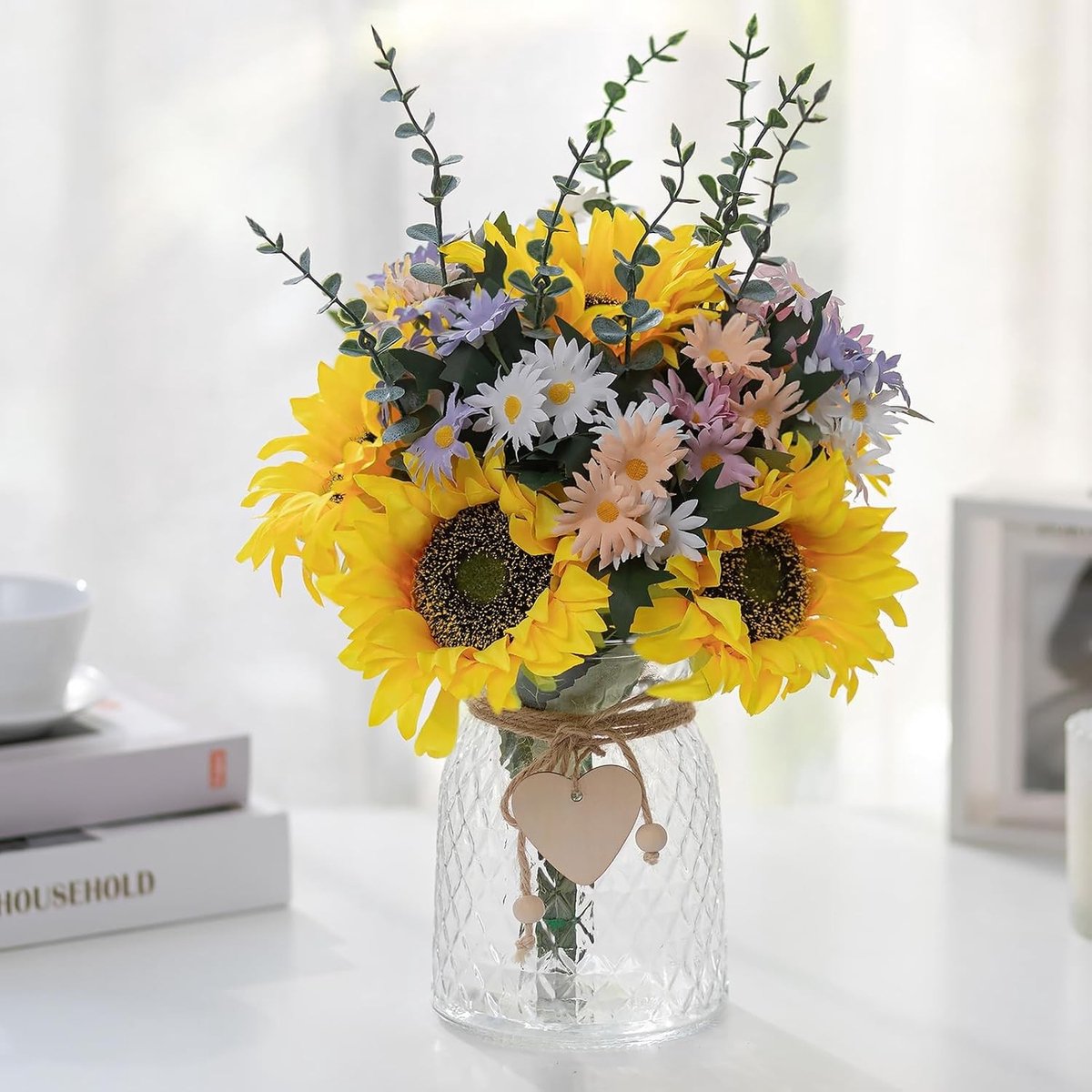 Kunstbloemen Arrangement in Vaasje: Nep Zonnebloem Boeket voor Woonkamer, Keuken en Raamdecoratie - Decoratieve Bloem Plant Centerpiece voor Thuis