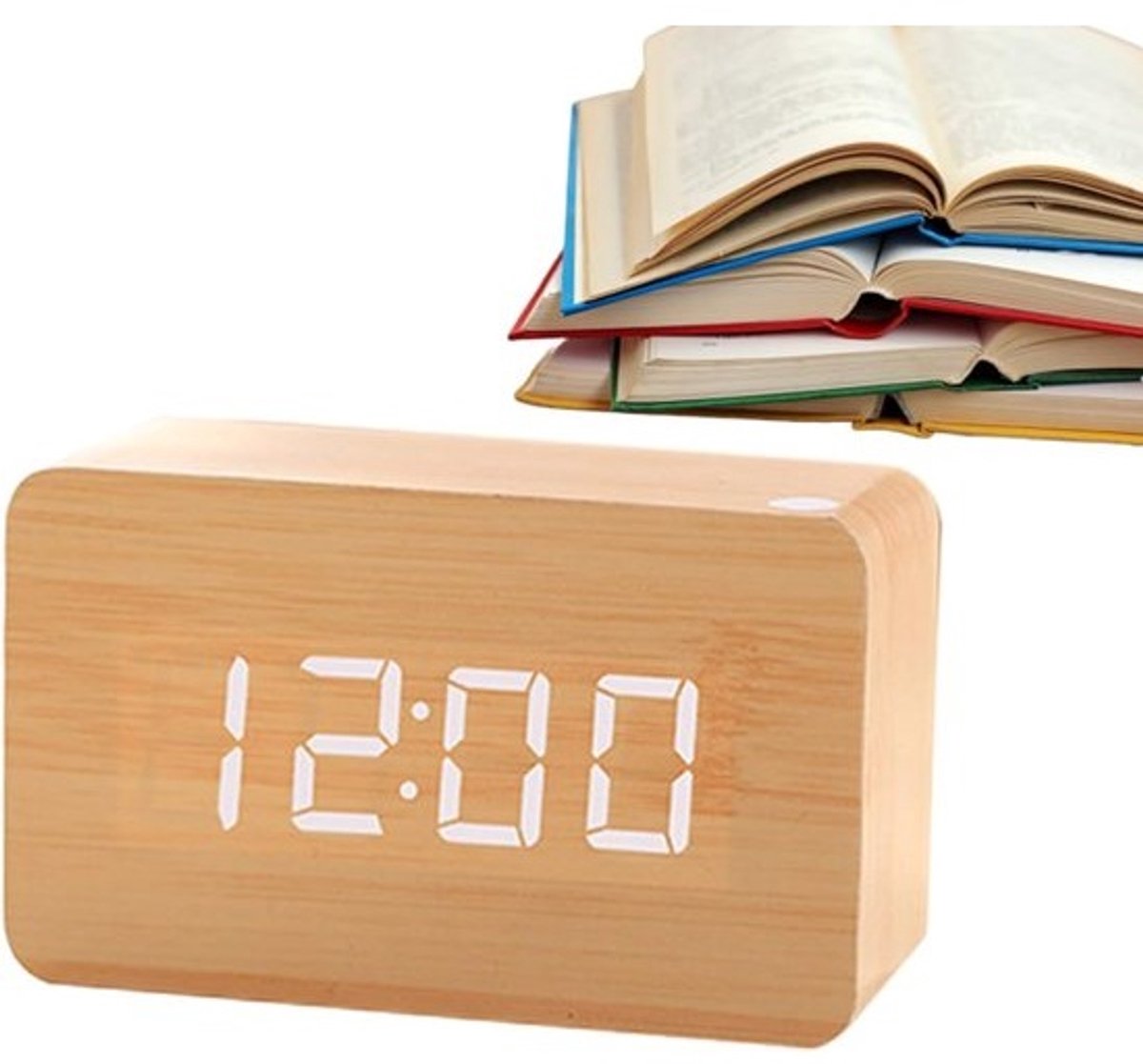 Digitale houten wekker - LED-bureauklok - Voor op het nachtkastje - Stemgestuurde verlichting - 120x80x70 mm - Bamboe