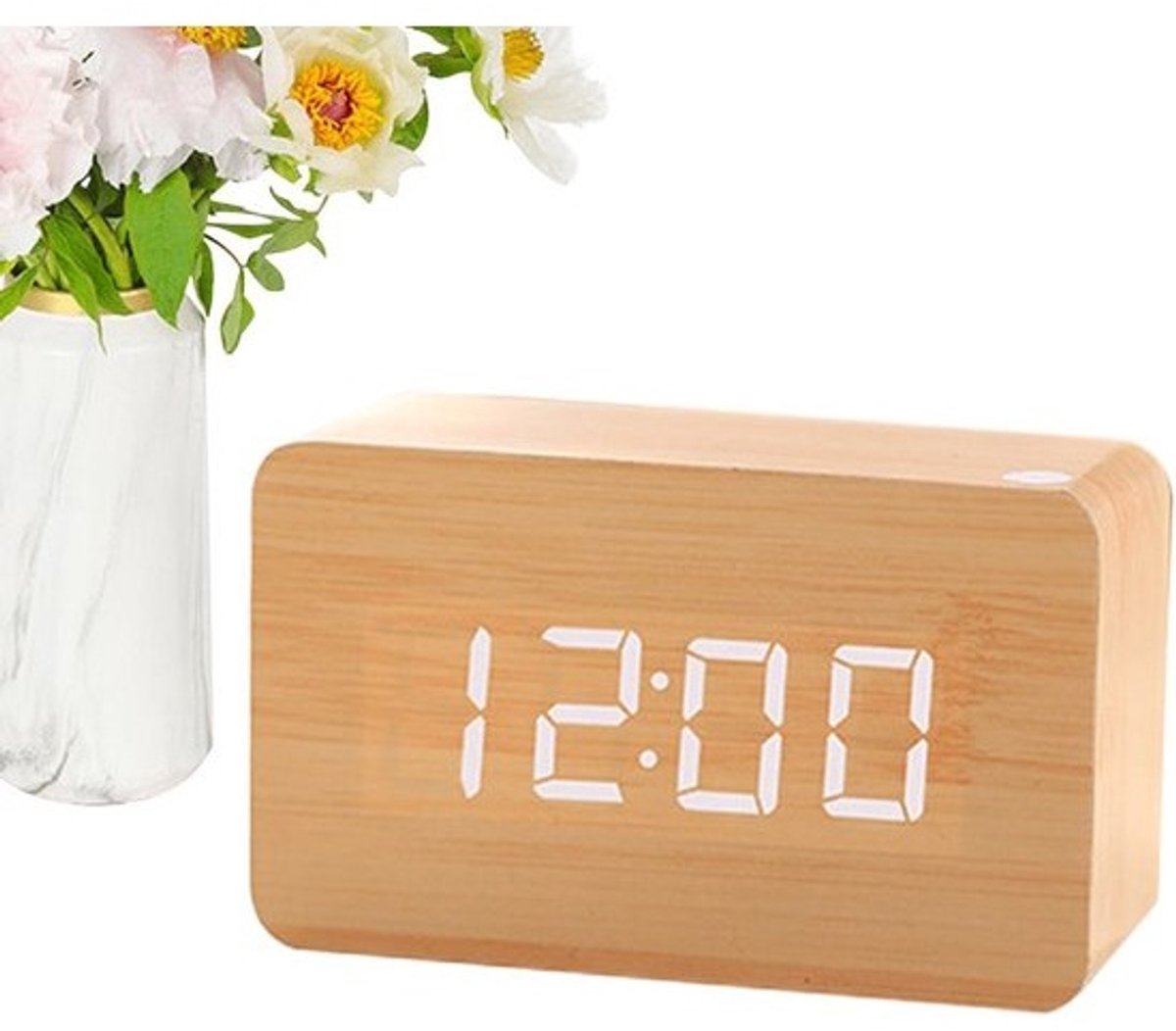 Digitale wekker - Slaapkamerklok - Wakker worden - Groot scherm - 120x80x70 mm - Wit hout