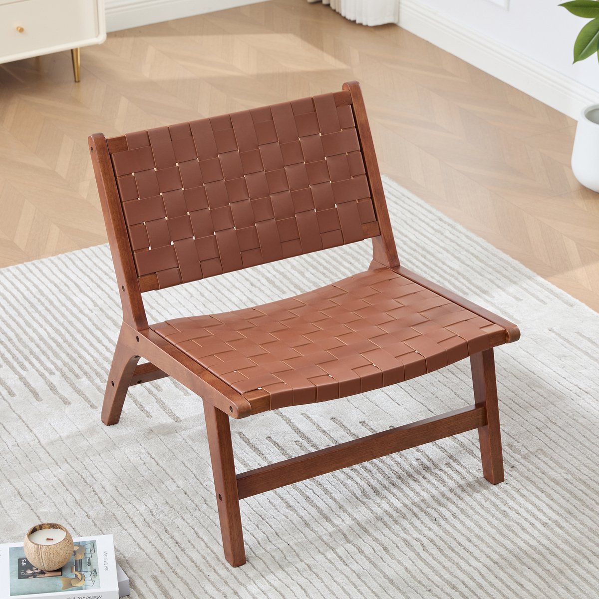 OKWISH Fauteuil 71 x 66 x 72 Cm - Gevlochten Zitting Zonder Armleuningen - Woonkamer Of Terras - Hout En Kunstleer - Bruin
