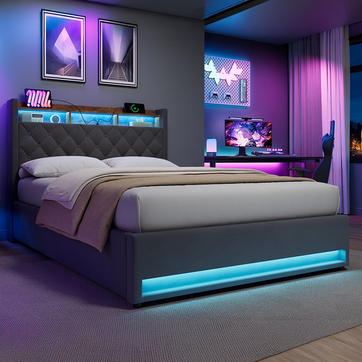 STILVORA Opbergbed 140x200 cm - Groot Opbergvak - USB-Aansluiting - LED-Licht - Veilig Design - Grijs - Samt + Metaal + Hout Donkergrijs