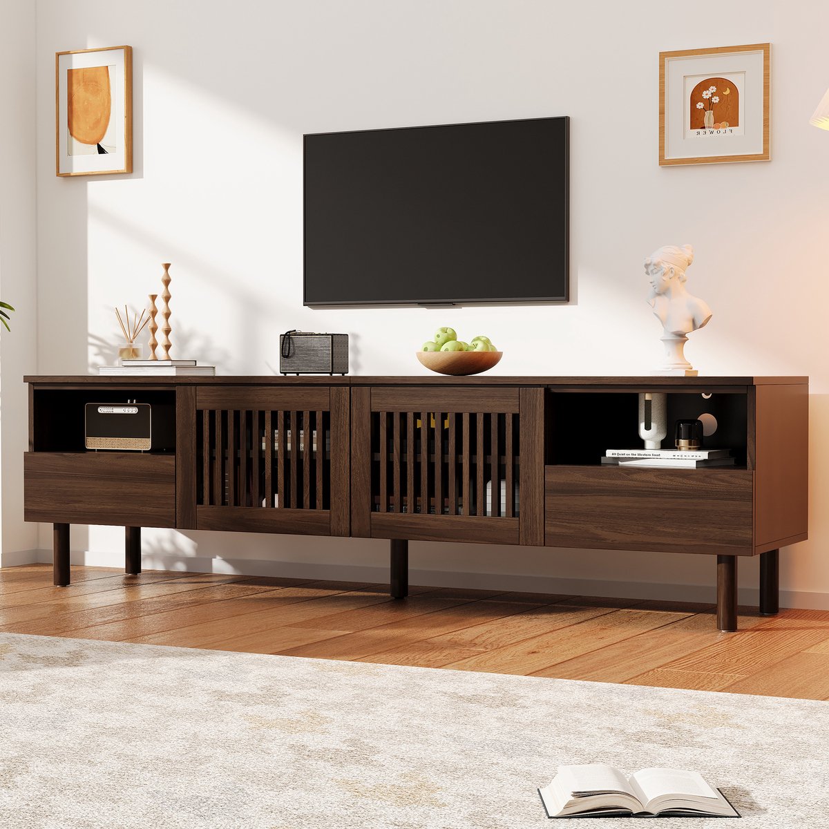 MIVRAY Tv Meubel - Met 2 Deuren, 2 Lades En Open Vakken - Voor Televisies Van 55 Tot 75 Inch - MDF - Walnoot - 180x40x51 Cm