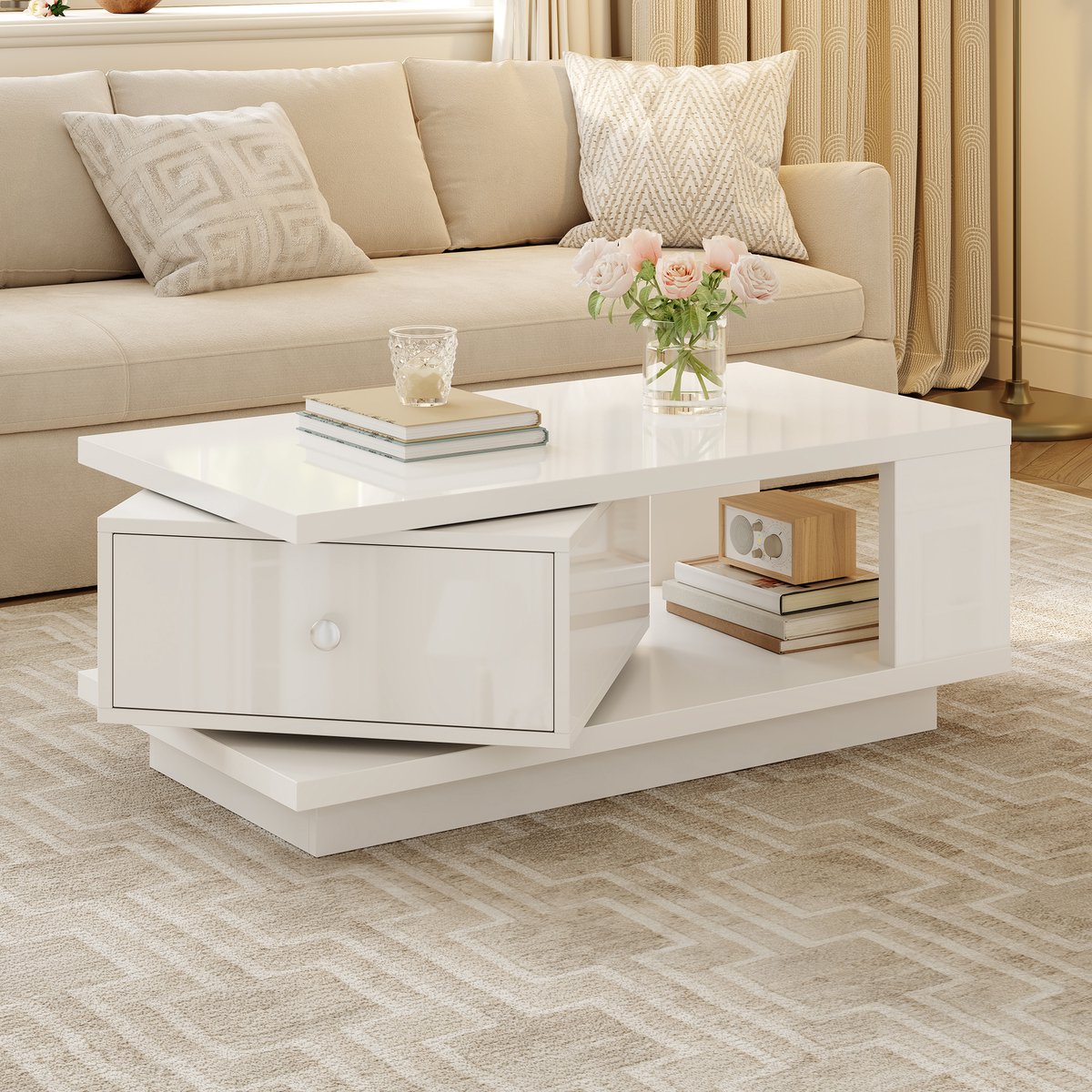 MIVRAY Salontafel - Hoogglans Oppervlak Met Draaibare Lade - Voor Moderne Woonkamer - MDF En Spaanplaat - 90x48x35 Cm - Wit