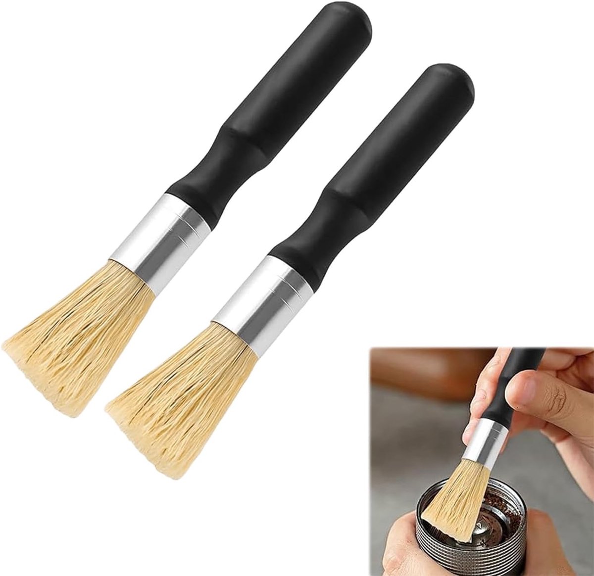 2 Pcs Vegan Cleaning Brush, Barista Brushes with Natural Bristles and Wooden Handle, Black Modern Design for Coffee - ShopVlot