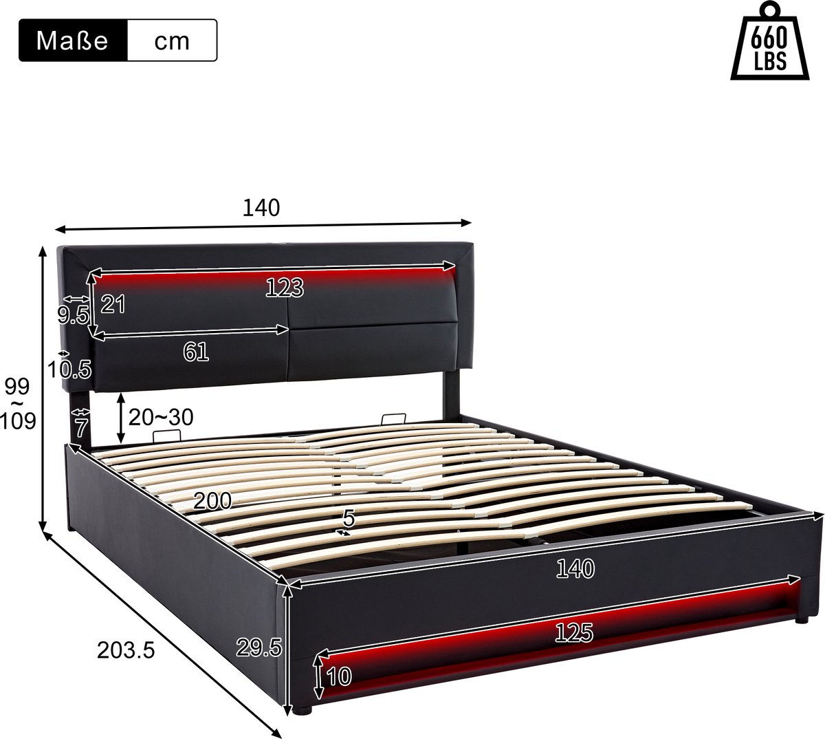 AURA LUMEN Gestoffeerd bed Twijfelaarbed 140x200 cm met LED-verlichting en USB-aansluiting opbergbed zwart-Zonder matras