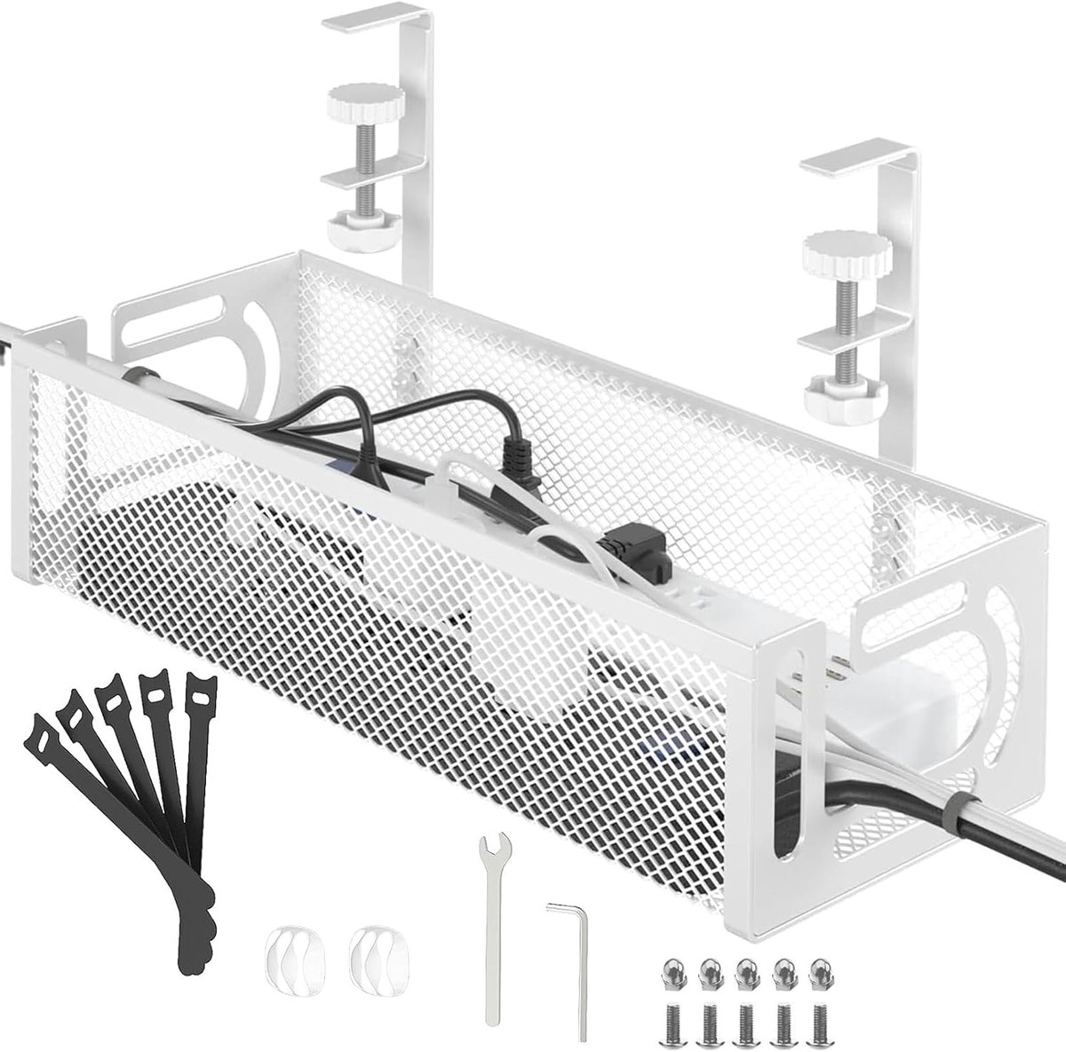 SnelShoppen - Kabelmanagement Tray Onder Bureau, Geen Boren Nodig, Metaal Mesh Klem-kabelorganizer, Desk Accessoires voor Thuiswerkplek (WIT, 1 PACK)