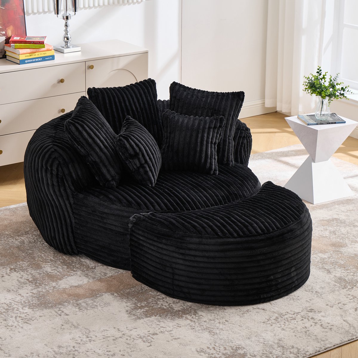 STILVORA Fauteuil 123 x 168 cm - Ronde Loungestoel Met Hocker En 5 Kussens - Voor Woonkamer En Slaapkamer - Chenille Zwart