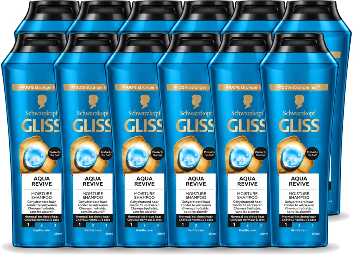 12 x Gliss - Shampoo - Aqua Revive - Voor Hydraterend en Fris Haar - 250 ml - Voordeelverpakking - 12 stuks