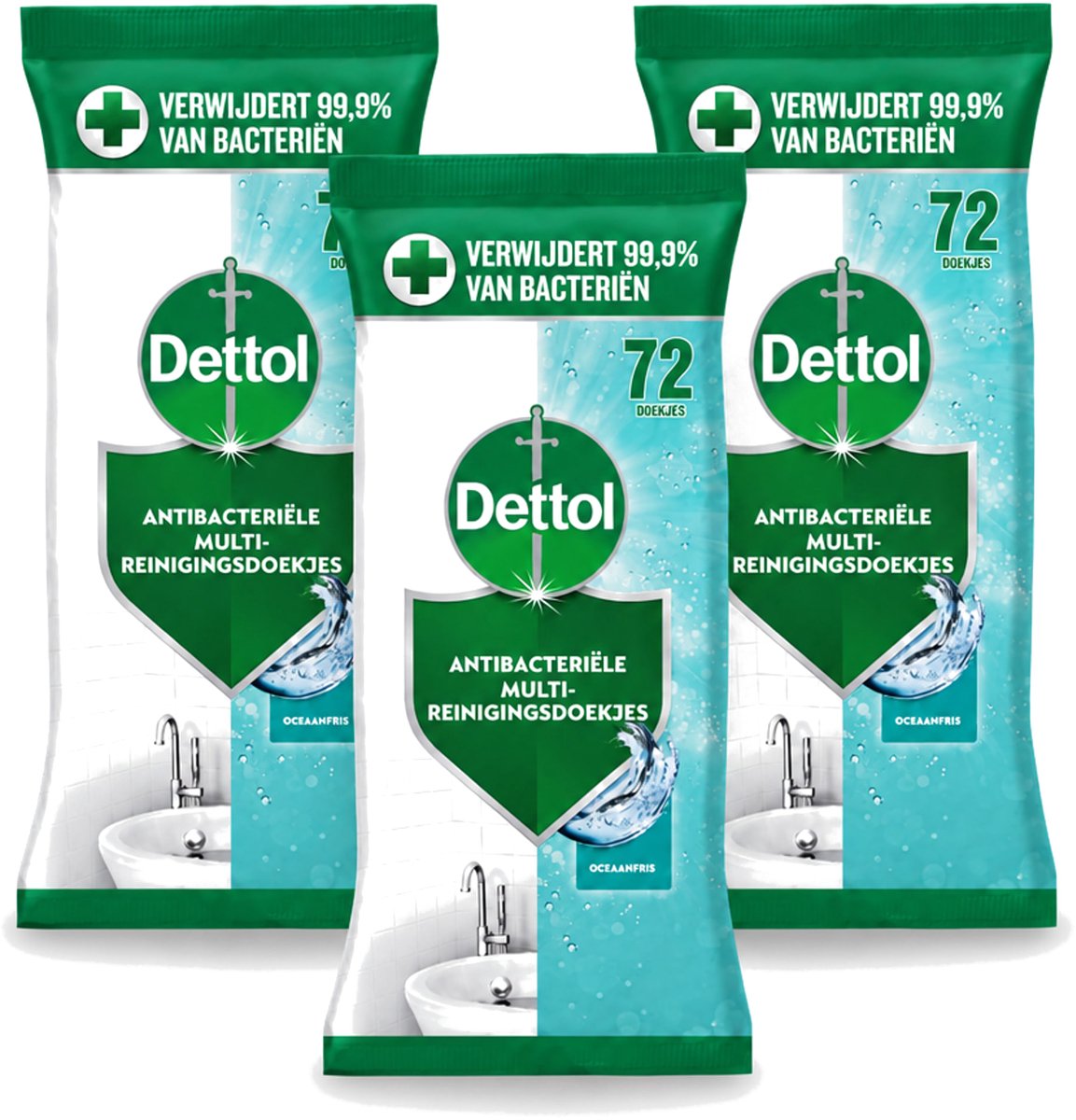3 x Dettol - Reinigingsdoekjes - Oceaanfris - Antibacteriële Reiniging - 72 Doekjes - Voordeelverpakking - 3 stuks