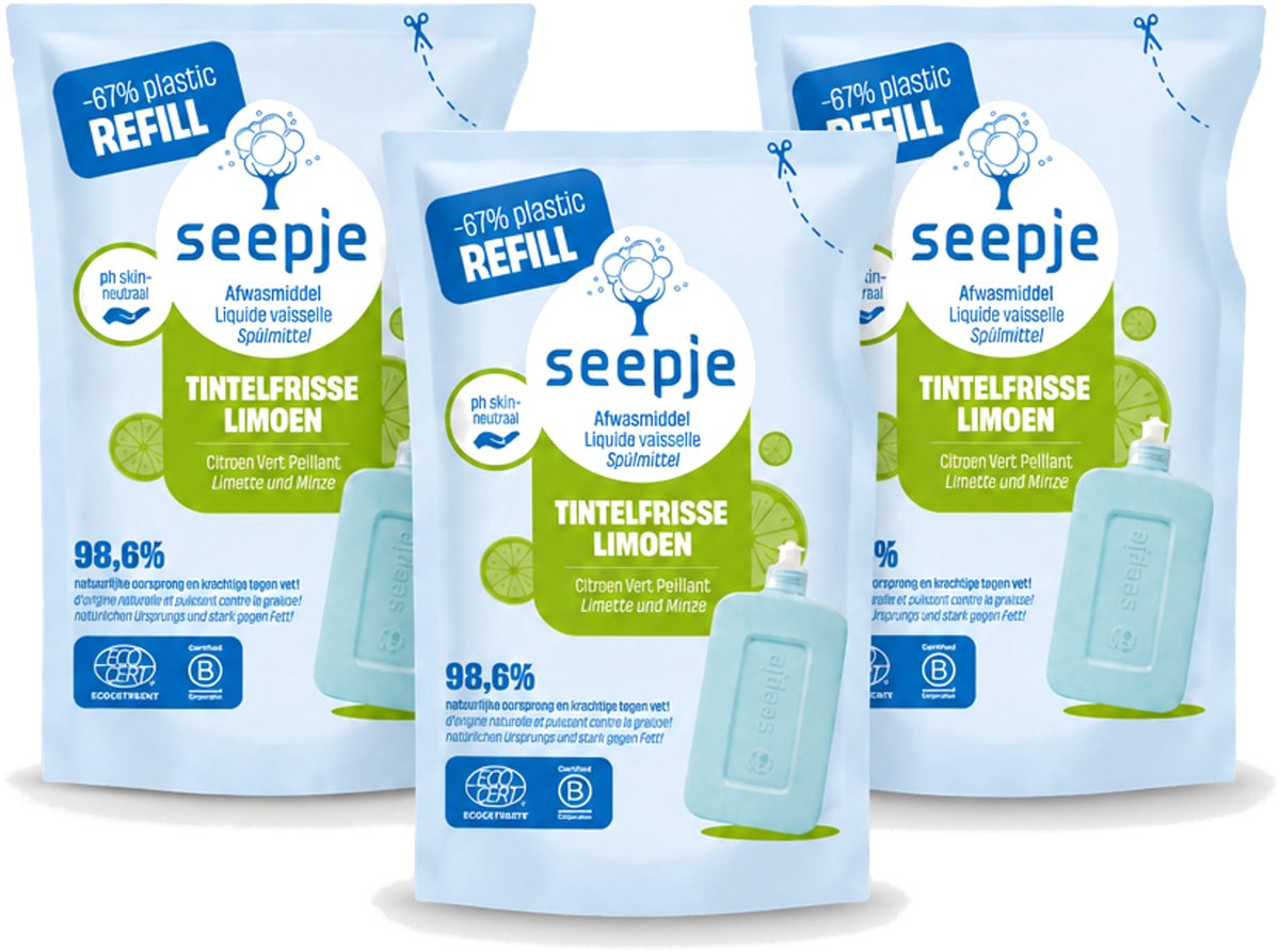 3 x Seepje - Afwasmiddel - Duurzaam & Herbruikbaar - Re-fill - Tintelfrisse Limoen Geur - 500 ml - Voordeelverpakking - 3 stuks