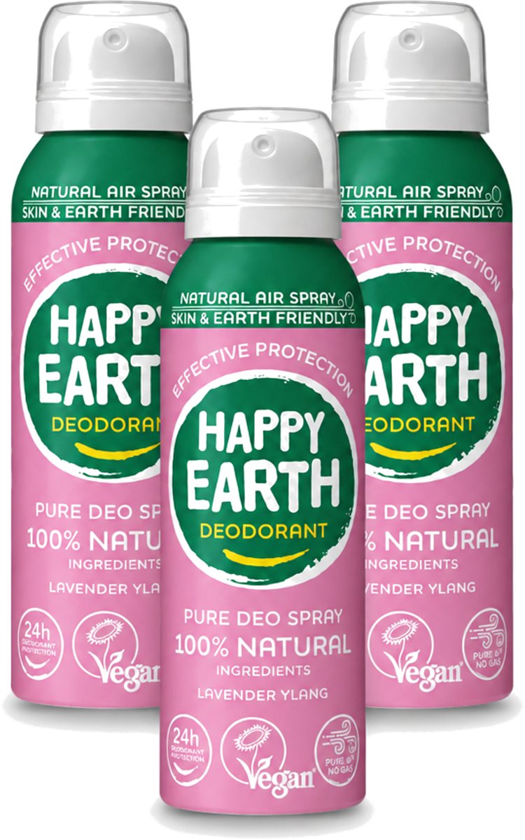3 x Happy Earth – Deodorant Spray – 100% Natuurlijk Lavender Ylang – 100 ml - Voordeelverpakking - 3 stuks