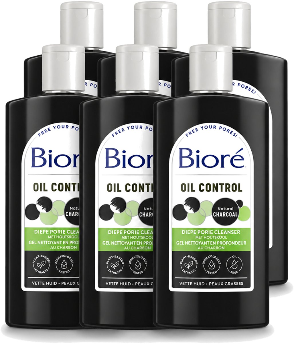 6 x Bioré – Houtskool Reinigingsgel – Gezichtsreiniger – 200 ml - Voordeelverpakking - 6 stuks