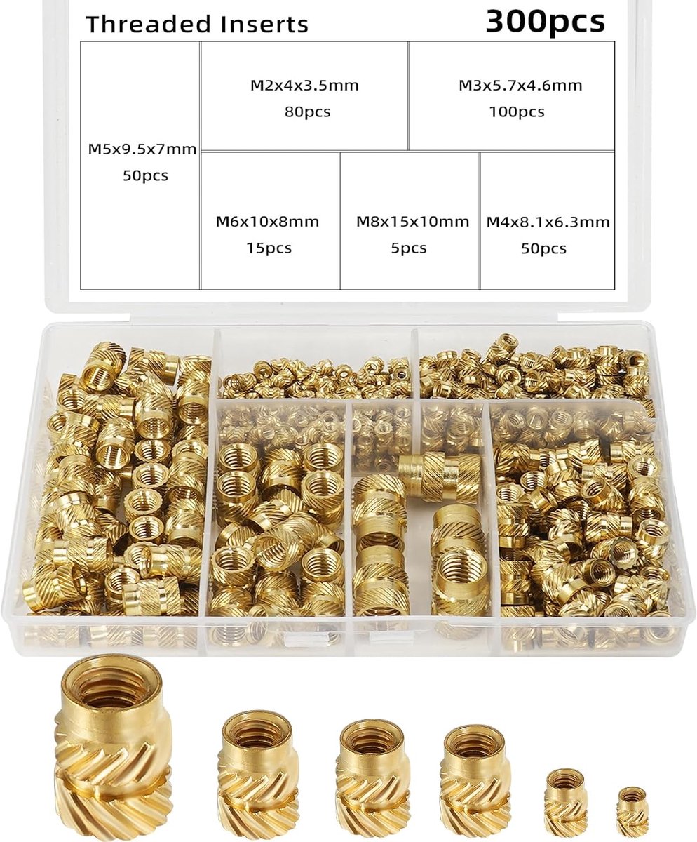 Threaded Inserts, 3D Print, Thread Bushings for Metal, M2, M3, M4, M5, M6, M8, Thread Insert, 300 Pieces Brass - ShopVlot