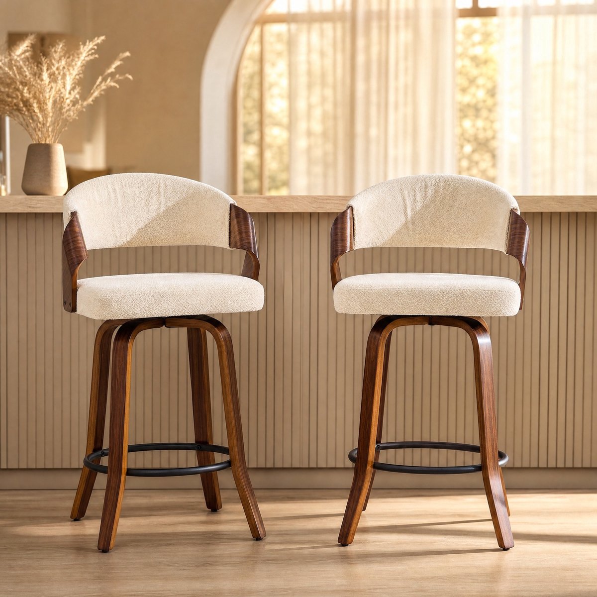 REDOM Barkrukset van 2 - Met rugleuning en armleuningen - Gewatteerde stoffen zitting - Houten onderstel - Wit - 51 x 42 x 95 cm