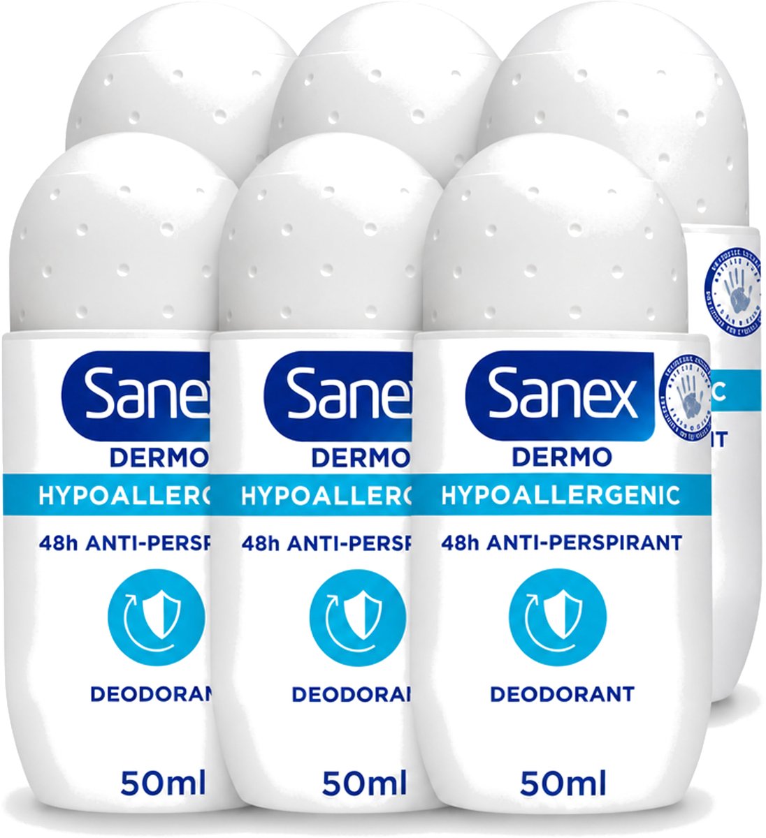 6 x Sanex Dermo - Deodorant Roller - Hypoallergeen - 48h Anti-Transpirant - 50 ml - Voordeelverpakking - 6 stuks