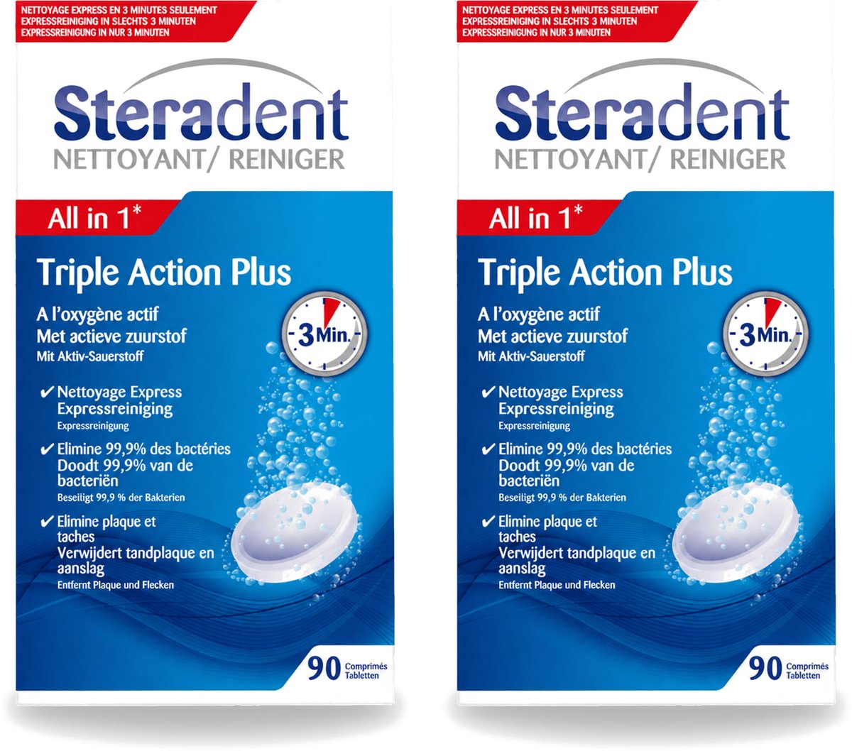 2 x Steradent - Kunstgebitreiniger - Tegen Tandplak En Aanslag - 90 Tabletten - Voordeelverpakking - 2 stuks
