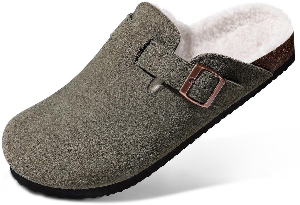 Homaxy - Unisex Clogs - Klompen Voor Dames - Klompen Van Echt Suède Met Bontvoering - Houten Cogs - Groen - 39 - Geschikt voor een voetlengte van 24.4cm