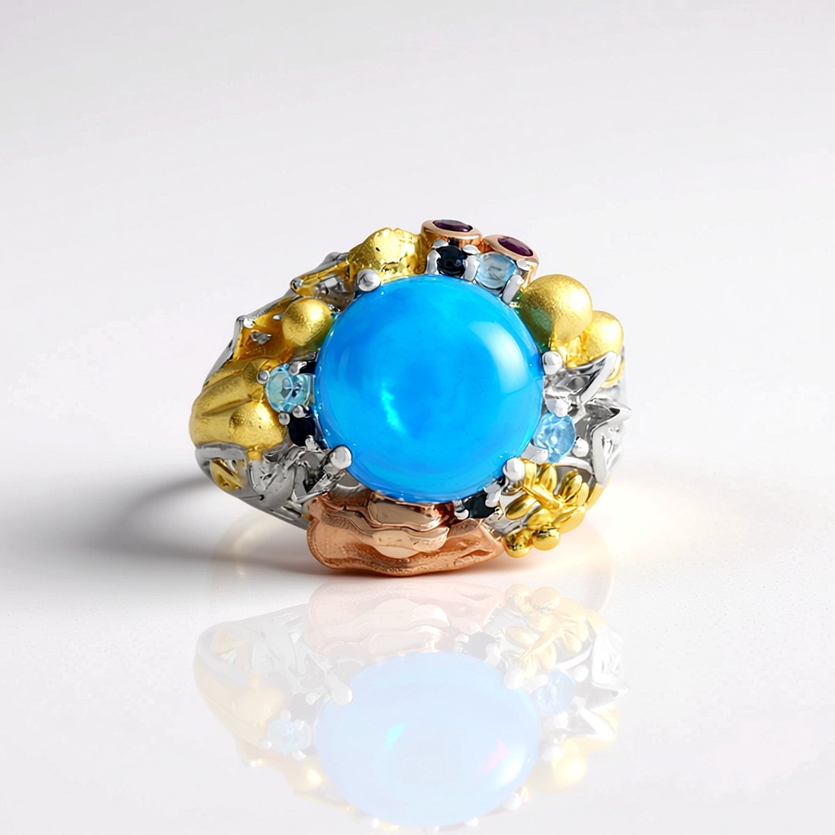 Cavill - Elegante zilveren ring 925 Sterling met 2,88 ct blauwe Ethiopische opaal - Palladium, topaas, amethist & zoetwaterparel - maat 17