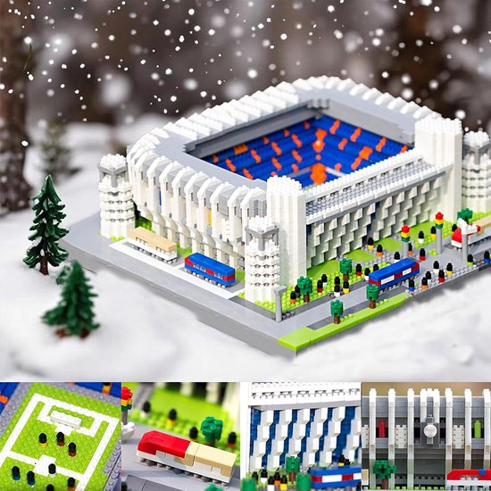 Bernabéu stadion bouwset in een besneeuwd landschap, met close-ups van het veld, de gevel en voertuigen.