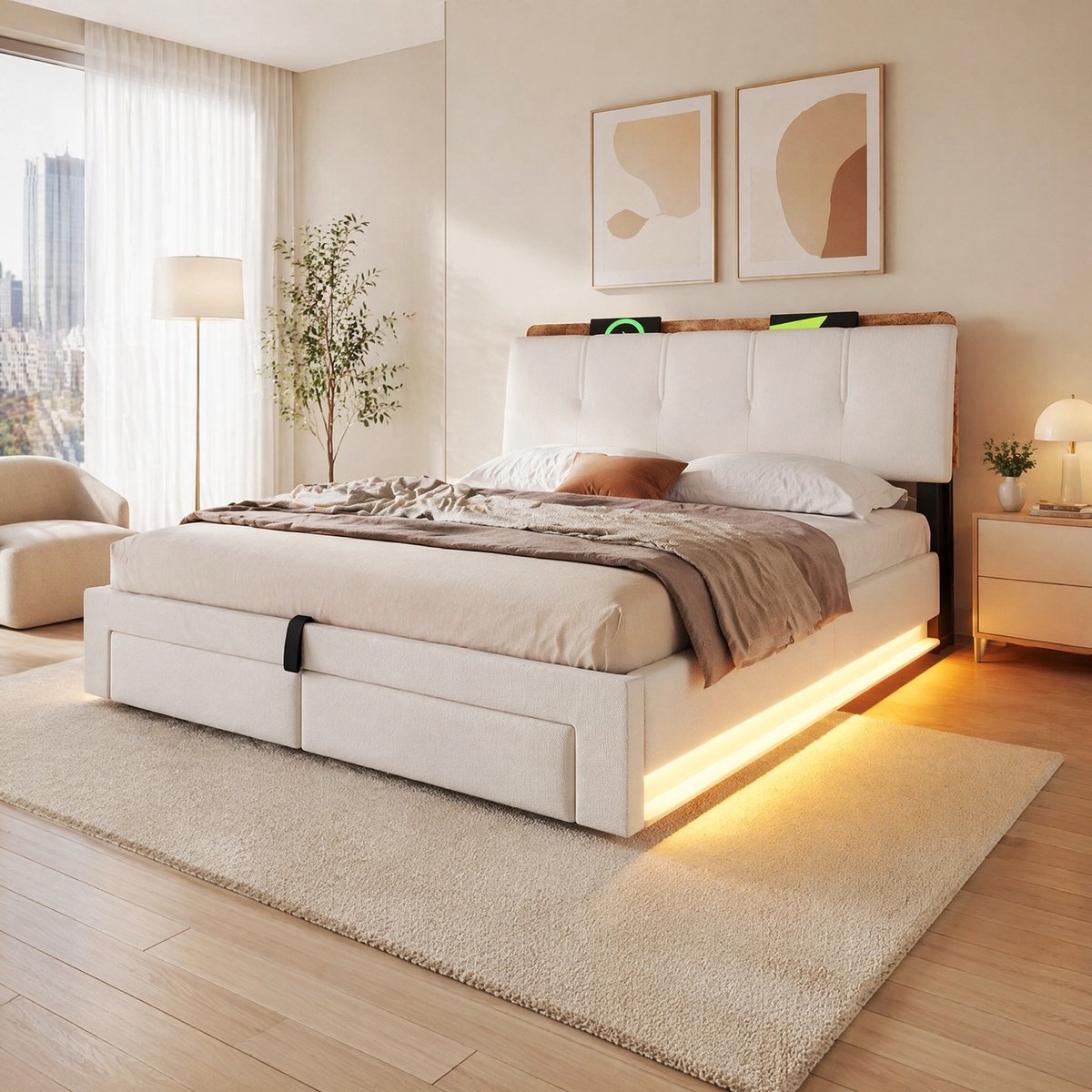 WUVRIE Gestoffeerd bed 140x200 cm met hydraulische opbergruimte, LED, USB-C en lades, beige, zonder matras