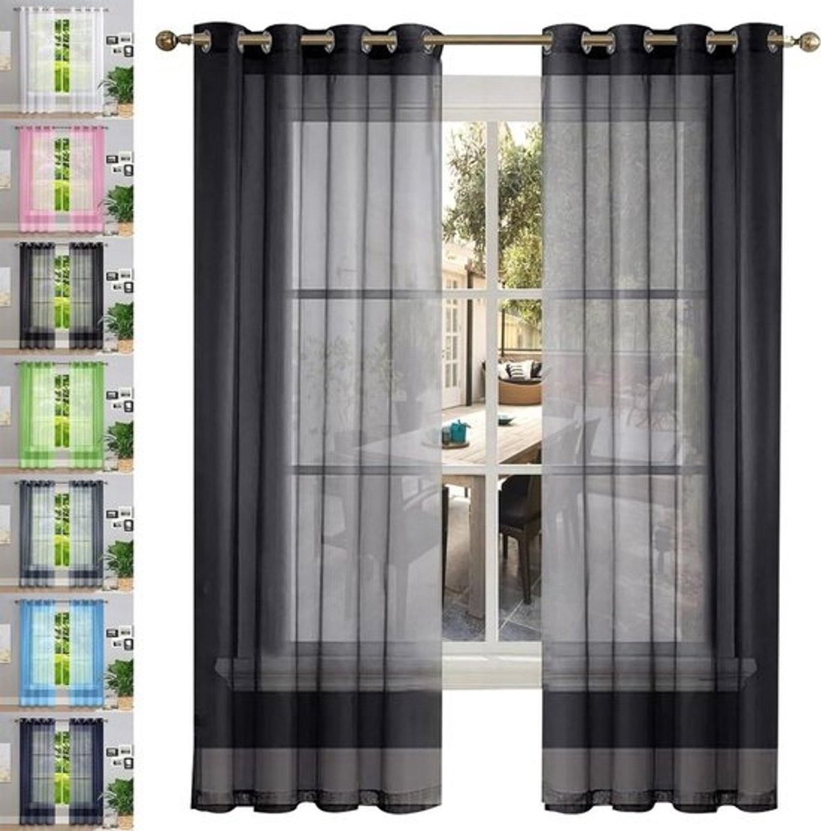 Gordijnen met lussen - Voilegordijn - Linnenlook - Kamerdecoratie - Inclusief gordijnhouders - 80 x 95 cm - Zwart