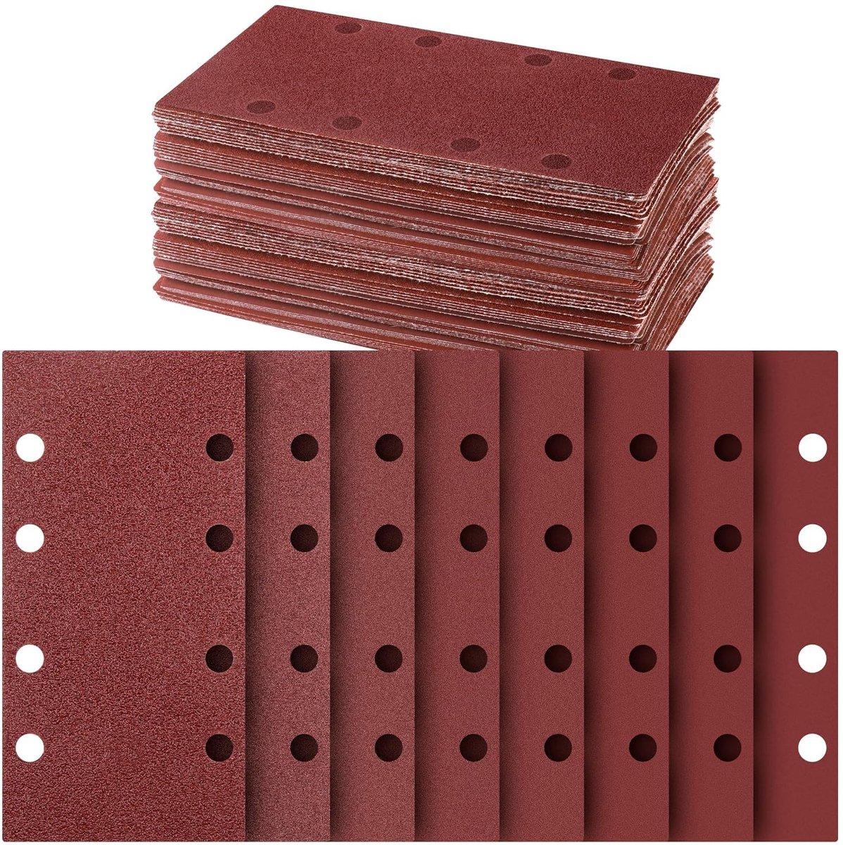 93 x 185 mm, set van 48 bladen met klitsluiting en 8 gaten, korrels P40 P60 P80 P120 P180 P240 P320 P400, 6 van elk, voor rechthoekige orbitale slijpmachine, hout, metaal, verf en kunststof