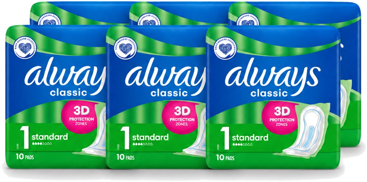 6 x Always Classic - Maandverband - Standaard - 3D Bescherming - 10 Maandverbandjes - Voordeelverpakking - 6 stuks