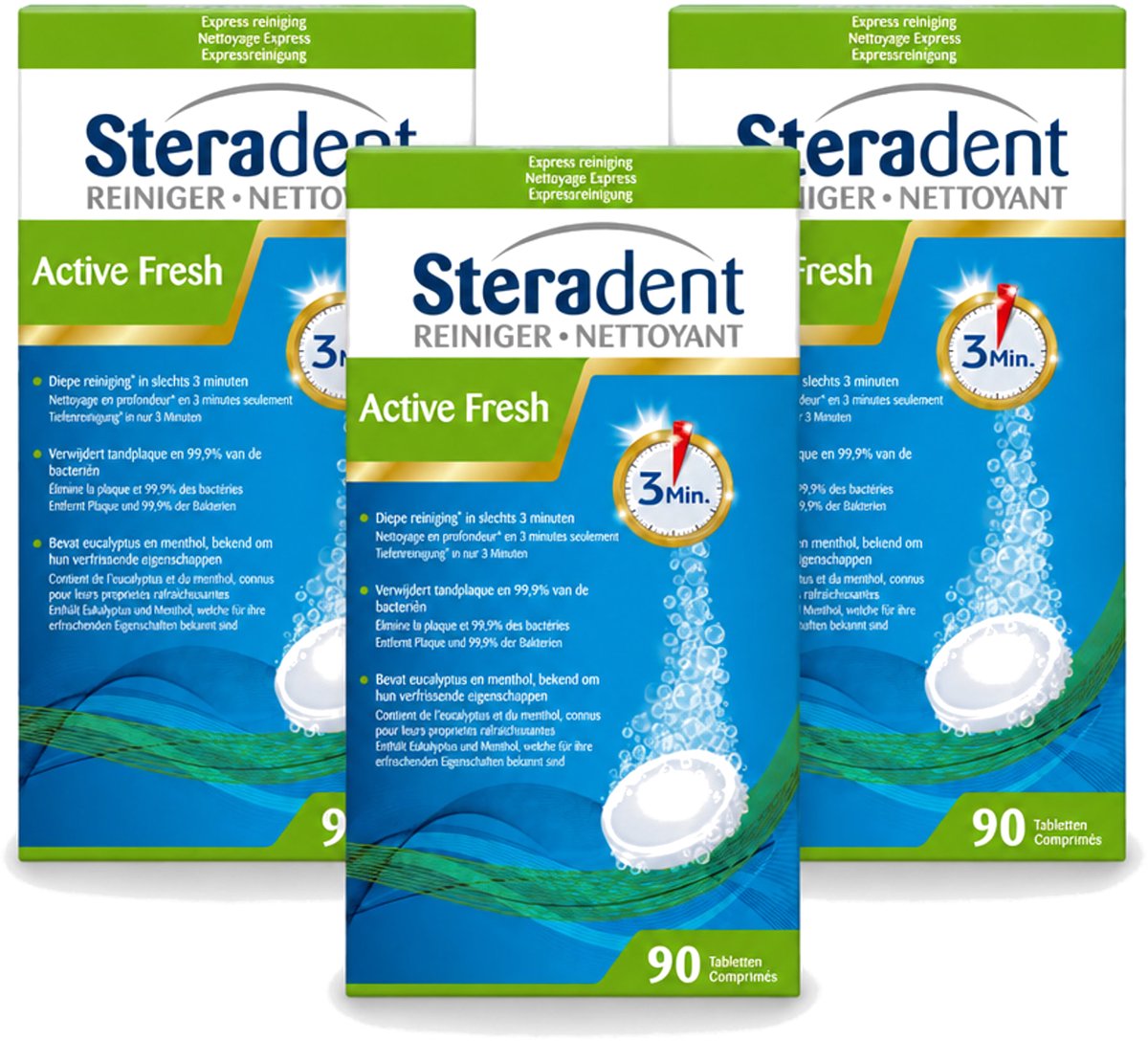 3 x Steradent - Kunstgebitreiniger - Active Fresh - Menthol En Eucalyptus - 90 Tabletten - Voordeelverpakking - 3 stuks
