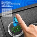 Vingerafdrukscanner op de kluis. Een duim wordt op de scanner geplaatst, met animatie van vingerafdrukken. Opslaan tot 99 vingerafdrukken.
