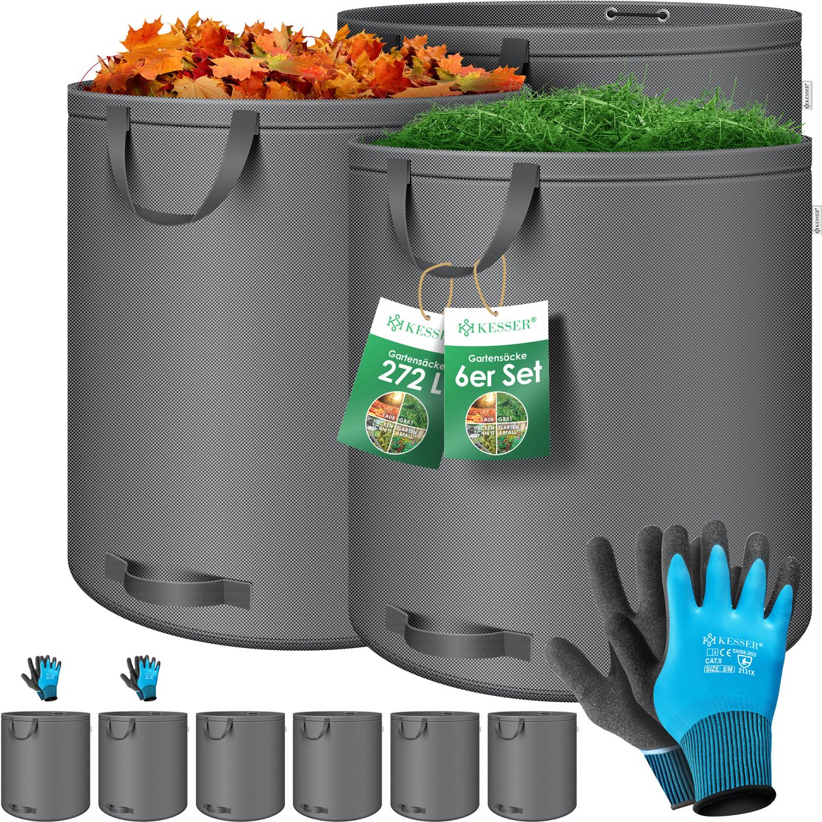 KESSER® Tuinzak set 6x 272 L - Zelfstaand met 4 handvatten - Opvouwbaar, met handschoenen - Antraciet