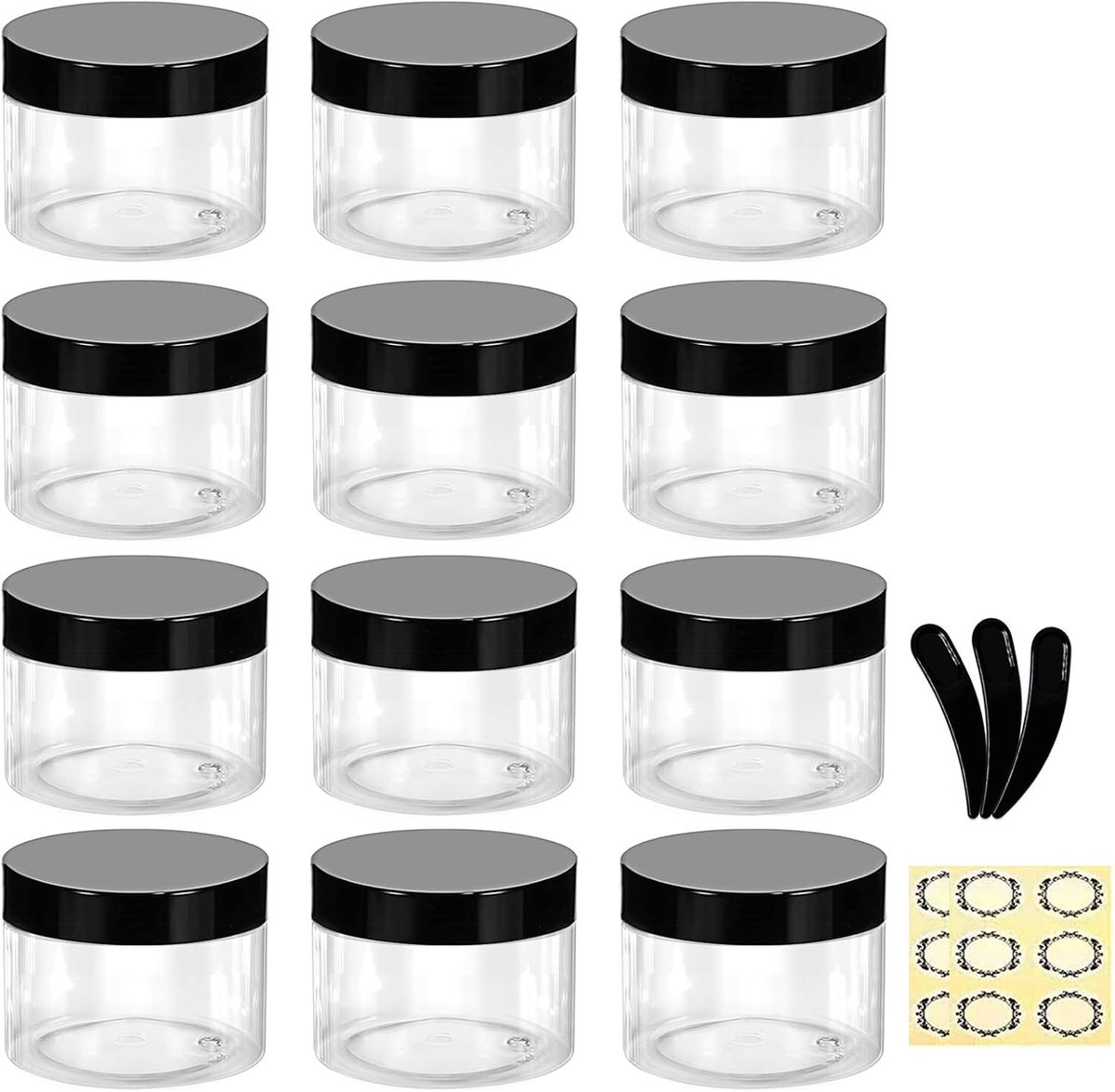Set van 12 Lege Plastic Cosmetische Potjes van 30ml met Zwarte Deksel en Binnenvoering - Ideaal voor Crème, Lotion en Sieraden Opslag, Reiskoffers en Monsters