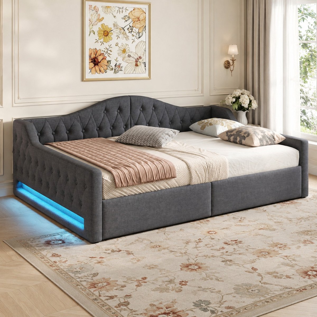 WUVRIE Bedbank 140x200 cm met LED-verlichting, opbergruimte en stoffen bekleding, grijs