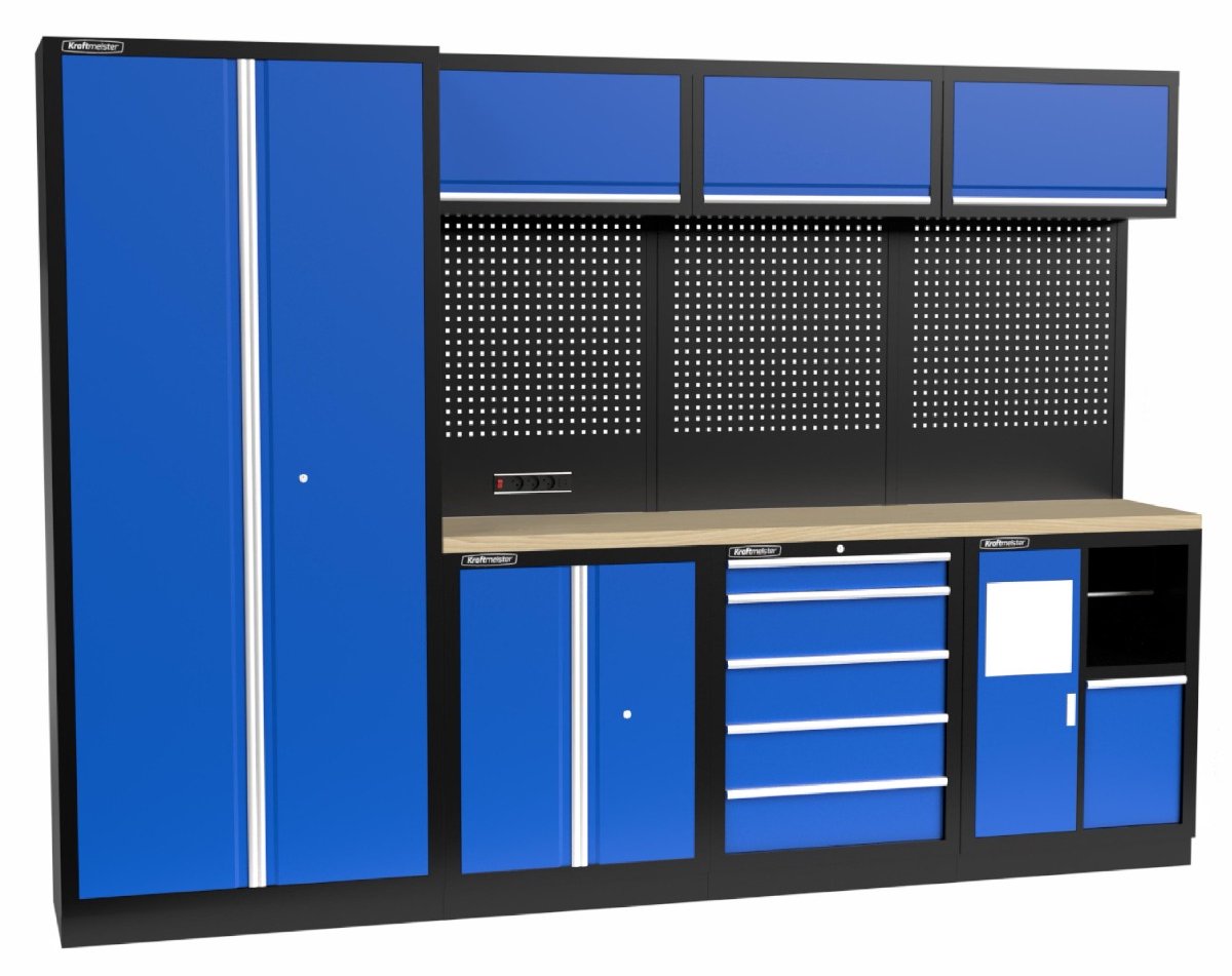 Kraftmeister werkplaatsinrichting - Werkbank met 3 wandkasten, 1 werkplaatskast en multiplex werkblad - Werktafel met 5 laden, 1 opbergkast, 1 prullenbak en gereedschapswand - Complete set voor werkplaats of garage - Blauw