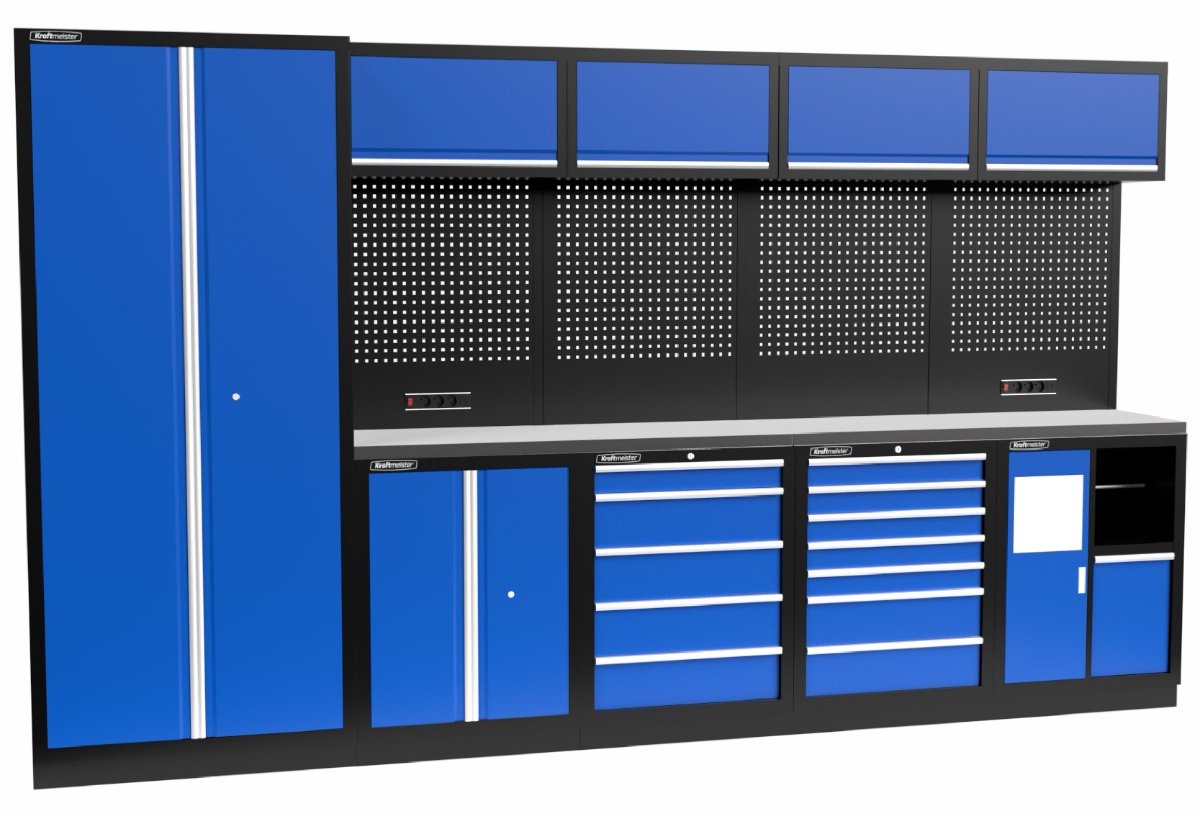 Kraftmeister werkplaatsinrichting - Werkbank met 4 wandkasten, 1 werkplaatskast en RVS werkblad - Werktafel met 12 laden, 1 opbergkast, 1 prullenbak en gereedschapswand - Complete set voor werkplaats of garage - Blauw