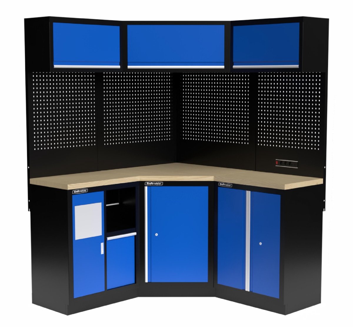 Kraftmeister werkplaatsinrichting - Werkbank met 3 wandkasten en multiplex werkblad - Werktafel met 2 opbergkasten, 1 prullenbak en gereedschapswand - Complete set voor werkplaats of garage - Blauw