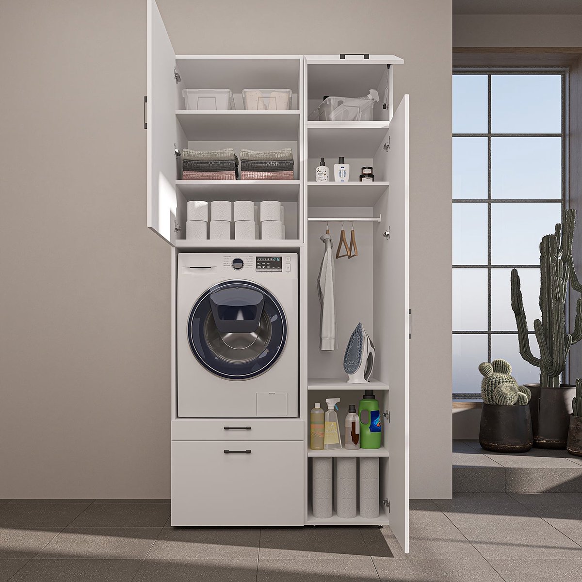 Roomart SERIE 2 Wasmachine Ombouwkast 112x240 cm - met Hoge Kast 45 - Wit