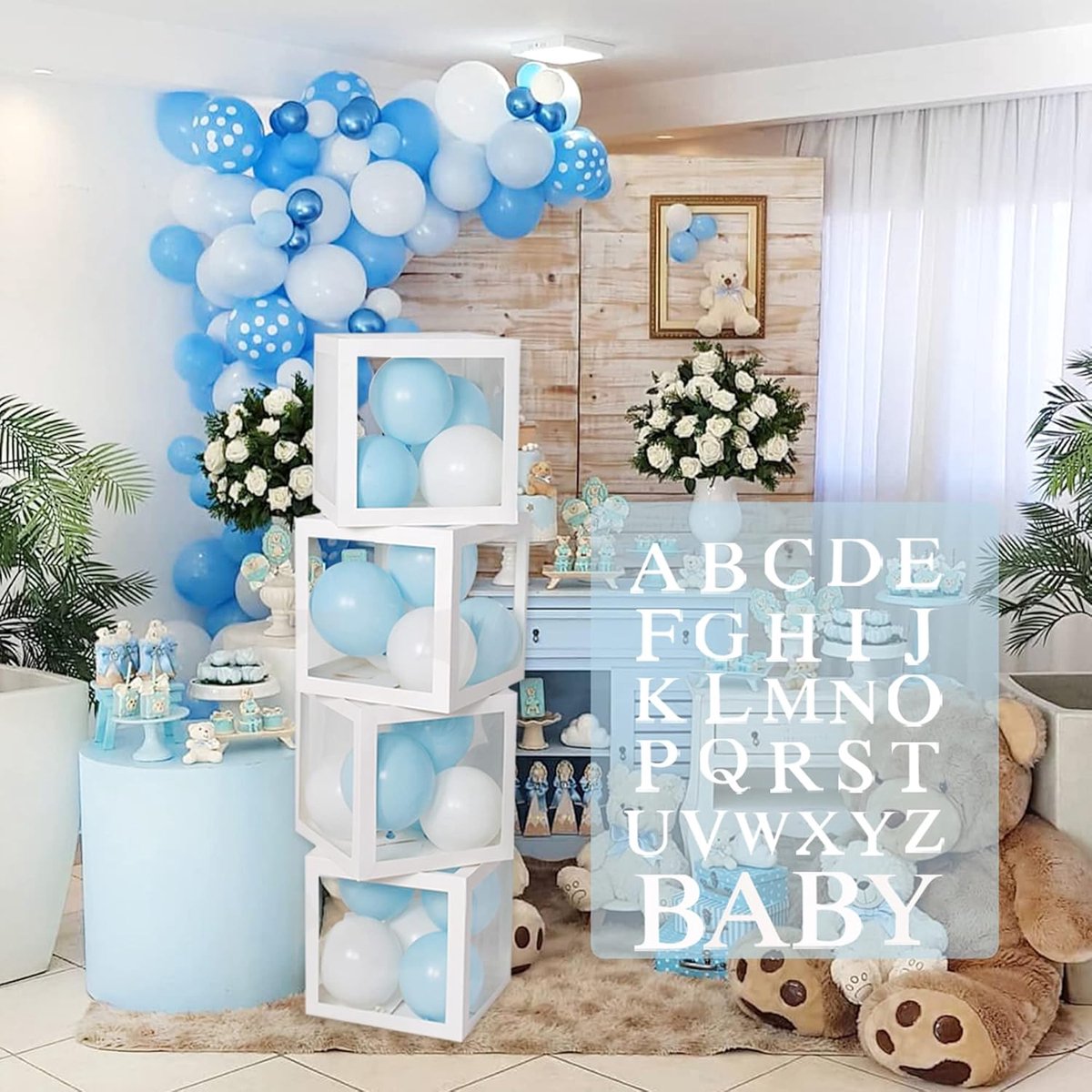 Decoration Balloon Boxes for Baby Shower - 4pcs DIY White Transparent Boxes with 30 Letters BABY + A-Z for Boys Girls - ShopVlot