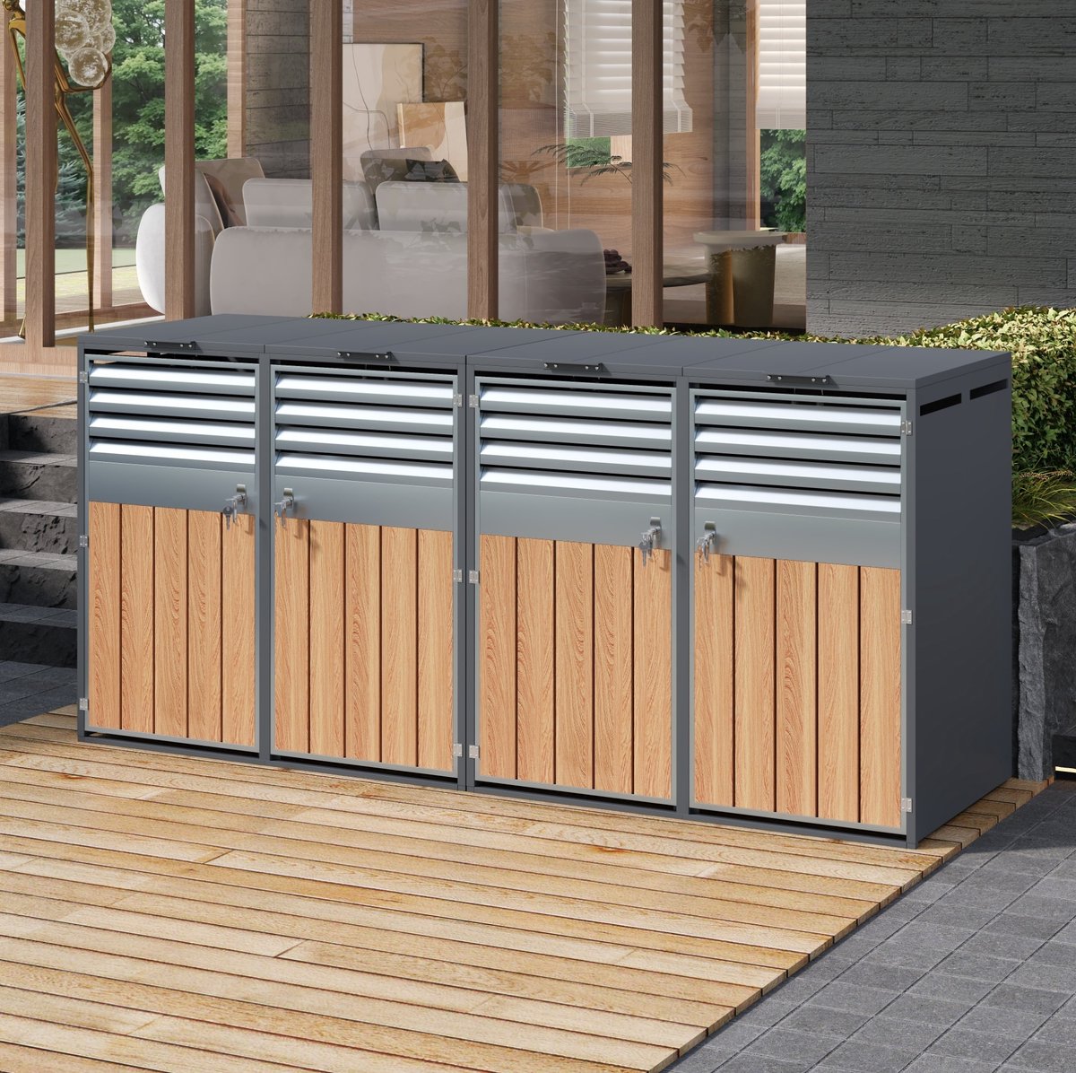 WUVRIE - Containerberging 264x80x118,5 cm - 4 afsluitbare vakken met klapdeksel - Grijs/houtlook