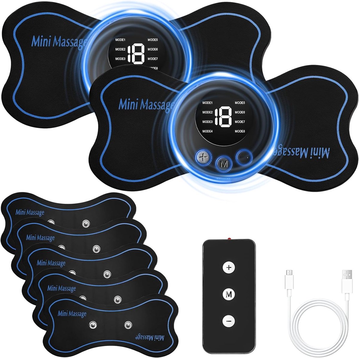 SnelShoppen - 2 x EMS Massager Mini Nekmassager Elektrische Massager Draagbare Lichaamsmassager 8 Modes 19 Niveaus 5 Massage Pads 1 Afstandsbediening