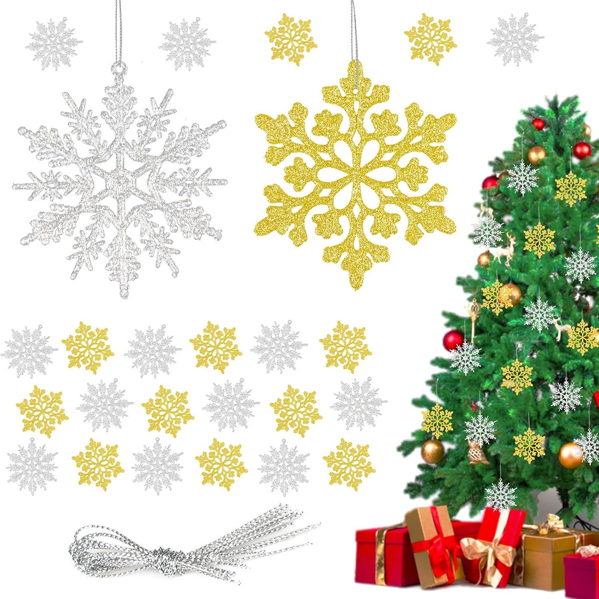 24pcs Snowflakes Christmas Decoration Christmas Decoration Tree Decorations Glitter Pendant Snowflake Tree Decorations - ShopVlot
