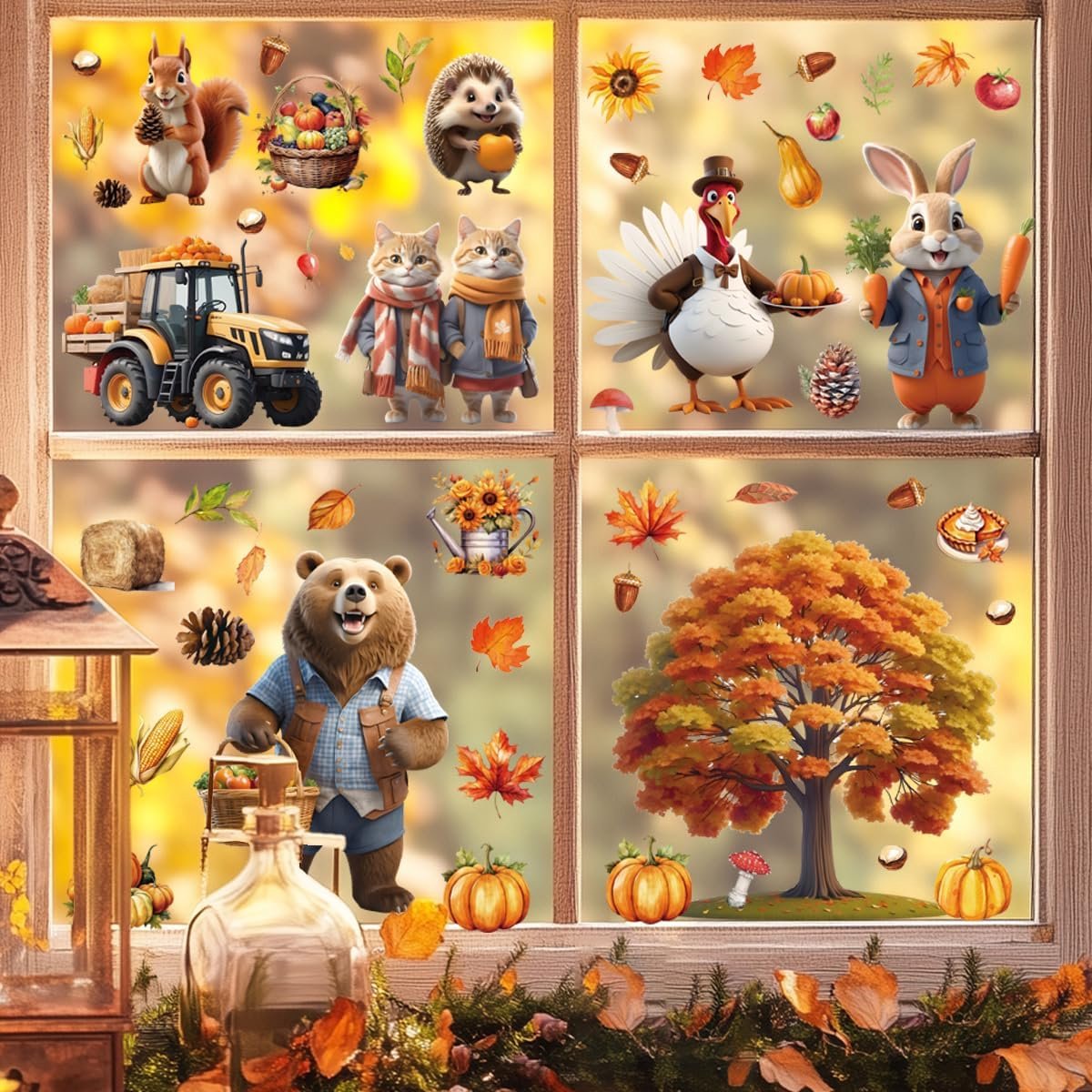 Raamstickers raamafbeeldingen Thanksgiving decoraties raamdecoratie raamstickers zonder lijm esdoornbladeren raamsticker decoratie (Thanksgiving-G)