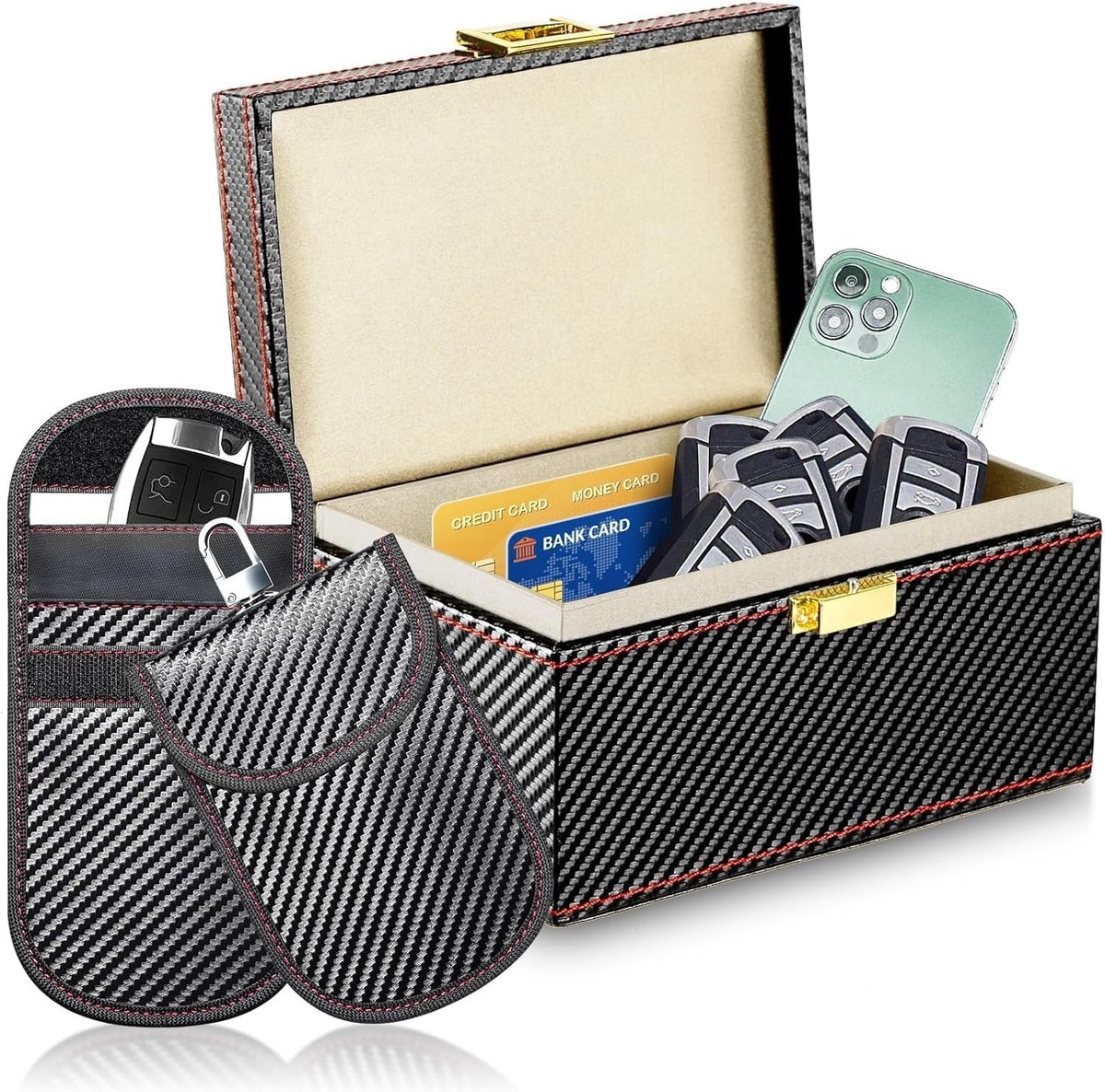 Grote Anti-Diefstal RFID Faraday Box voor Autosleutels en Mobiele Telefoons met 2 Faraday Pouches voor Signaalblokkering