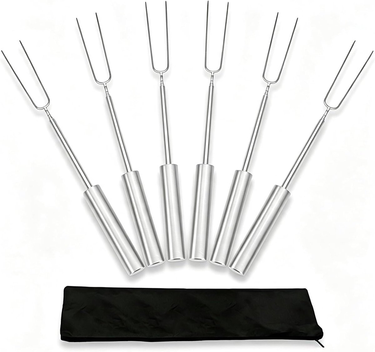 Grillspiesen, roestvrij staal, marshmallow-spiesen met opbergtas, 6 stuks uittrekbare grillvorken voor stokbrood, vlees, worstjes, groenten, kampvuur, camping