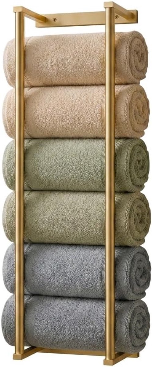 Handdoekhouder, wandgemonteerde stalen handdoekstang met plank, opslag voor opgerolde handdoeken voor kleine badkamers, wandrek, handdoekenrek, badkamerorganizer