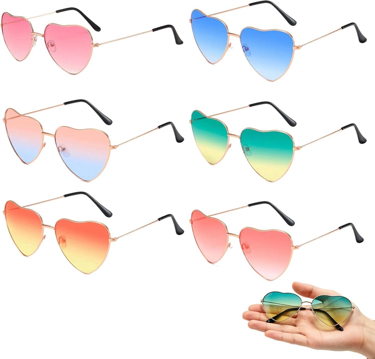 6-paars hartvormig zonnebrilset met gradatie-effect: licht, comfortabel en stijlvol. Ideaal voor feesten, strand, bruiloften of retro-thema’s. Verkrijgbaar in 6 kleuren, geschikt voor volwassenen en t