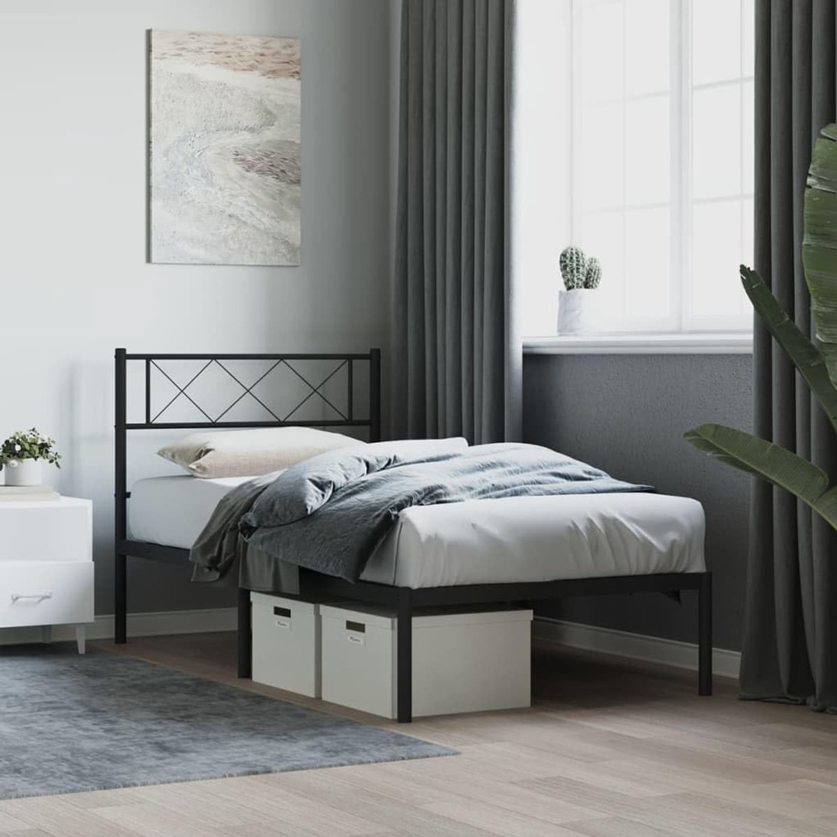 Bedframe met hoofdeinde, metaal, zwart, 100 x 190 cm, hotelbedframe, bedframe voor woonkamer, slaapkamer