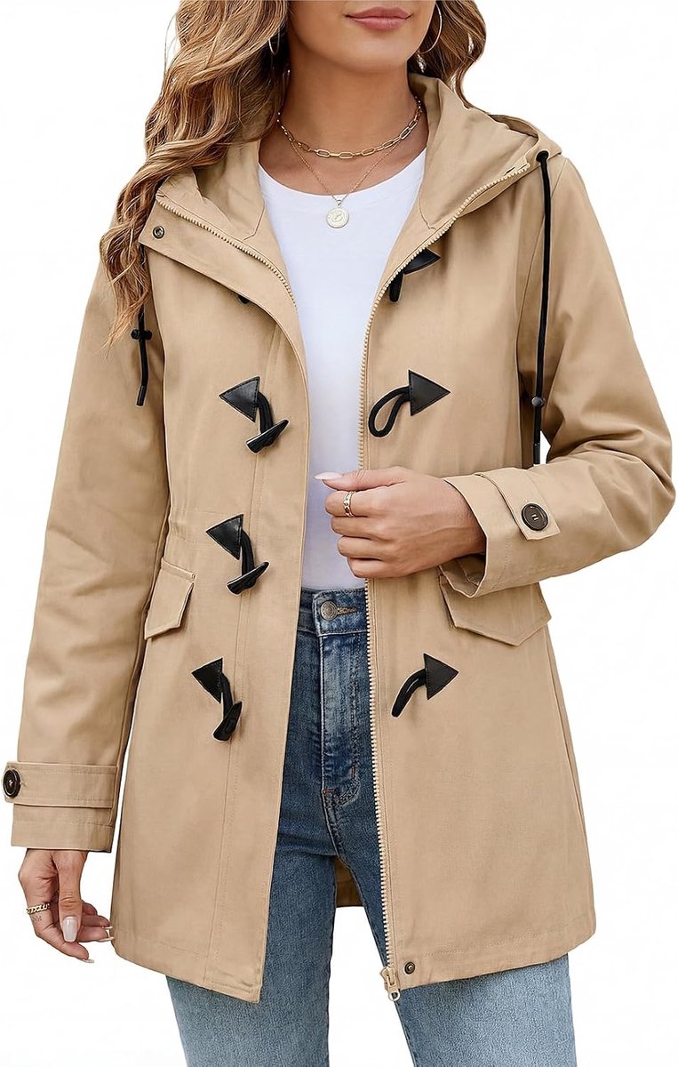 Damesjas voor tussenseizoen, middellange jas van katoen van hoge kwaliteit, jas met capuchon voor lente en herfst, casual vintage stijl met hoornknopen