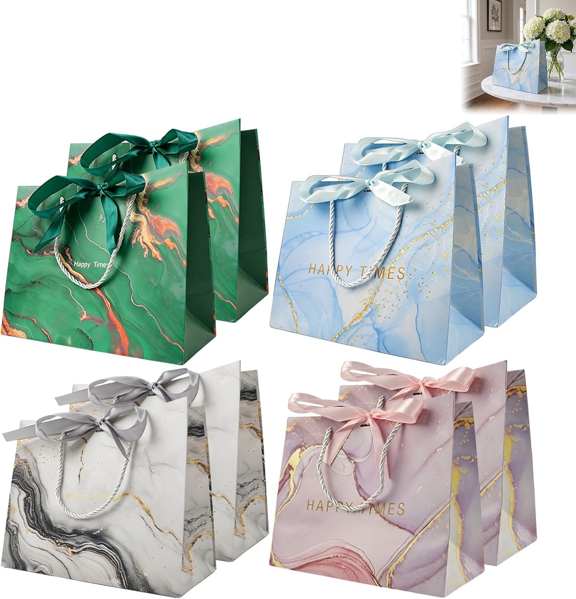 8 stuks geschenkzakjes voor verjaardag, papieren zakjes met handgrepen voor Kerstmis, Pasen, Valentijnsdag, bruiloften en andere gelegenheden (4 kleuren, 25 x 12,5 x 20 cm)
