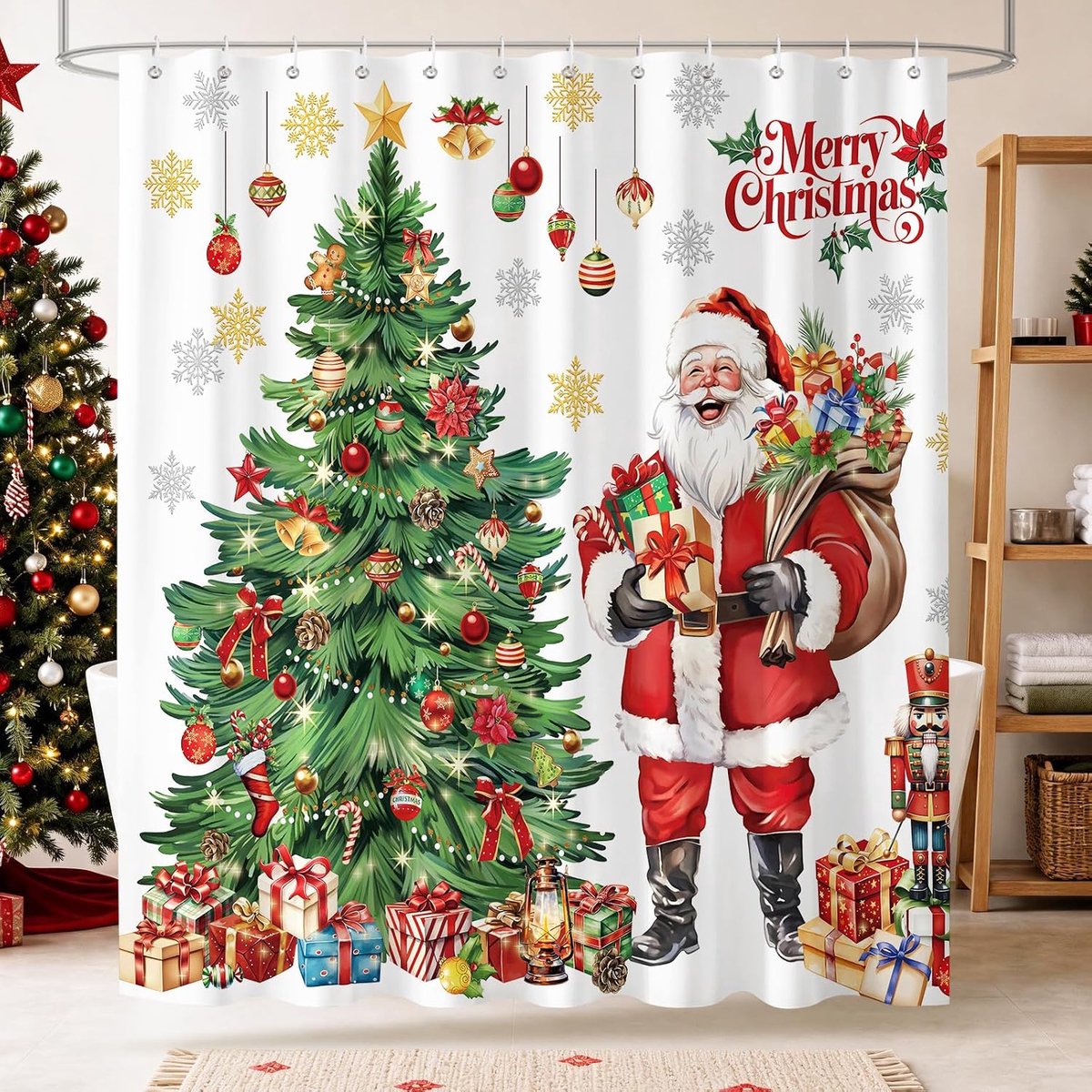 Douchegordijn, kerstman geschenken kerstboom notenkraker badgordijn, winter vakantie decor waterdicht polyester stof badkamer gordijn met 12 haken 182 x 182 cm