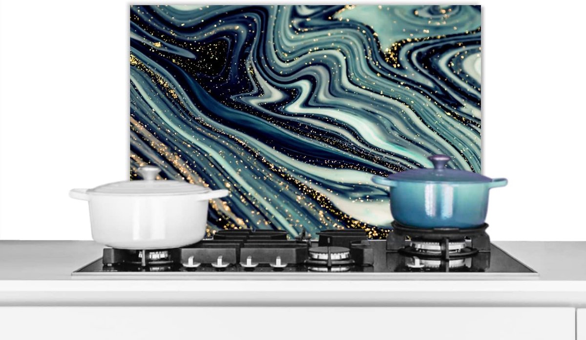 Spatscherm Keuken - 60x40 cm - Marmer - Goud - Blauw - Glitter - Marmerlook - Abstract